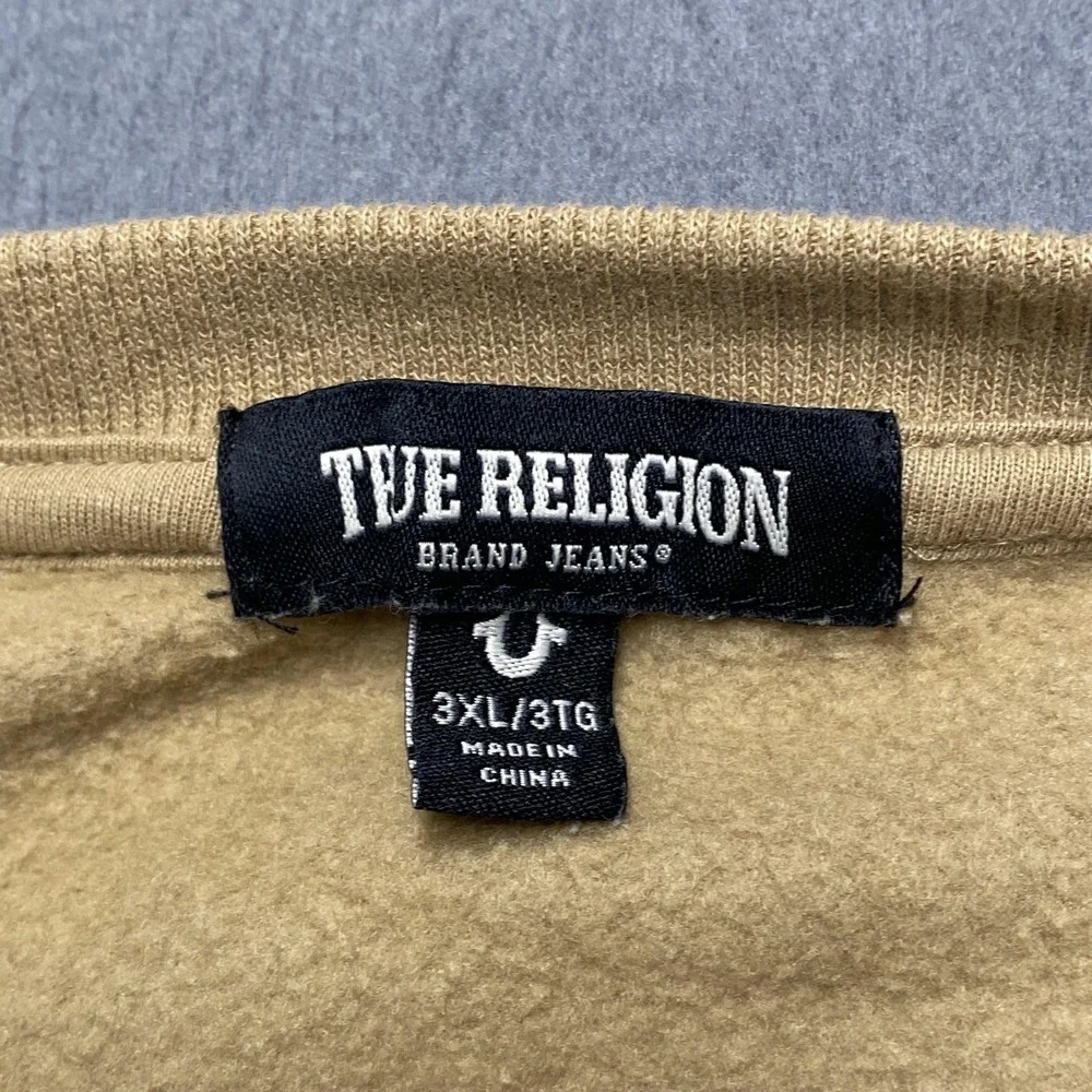True Religion‎ Sweatshirt Mens 3XL Beige Pullover Fleece Lined Logo Graphic